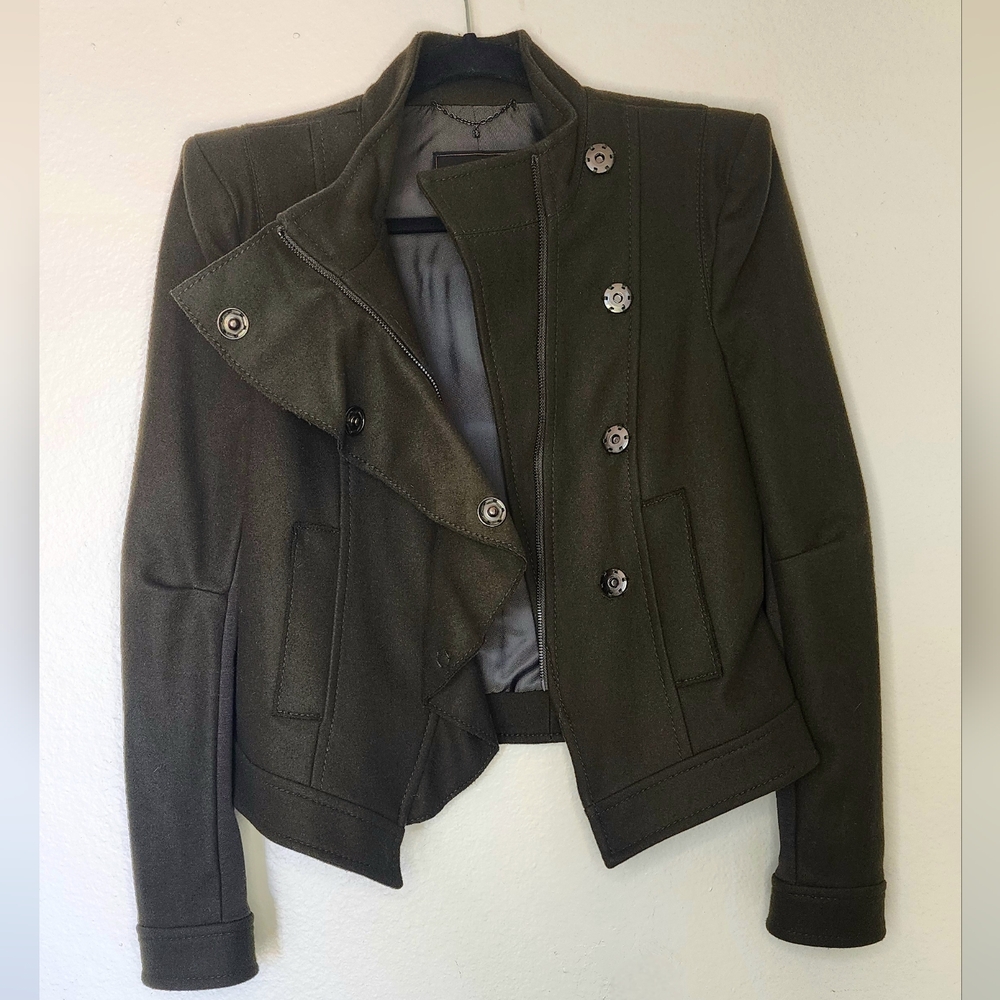BCBG MaxAzria Dark Olive Green Wool Coat Size: M